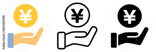 円コインをのせた手のアイコンセット/Yen Coin on Hand Icon Set