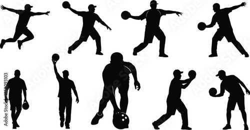 Black, bowling, player, silhouette, set, action, poses, sport, athlete, man, ball, strike, match, active, workout, competition, professional, alley, training, isolated.