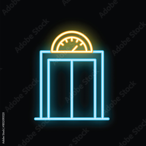 Neon elevator icon glowing in the dark with a speedometer over a black background