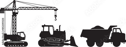 Silhouette of construction heavy machinery including crane bulldozer and dump truck on