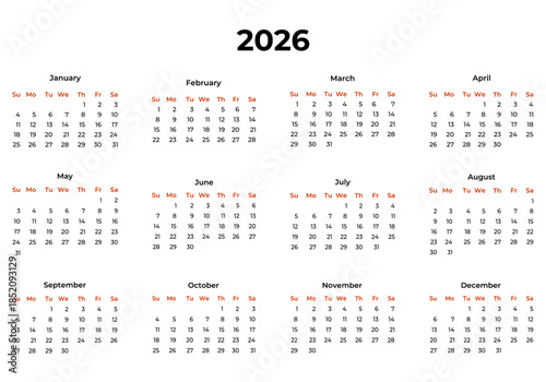 Vector calendar for 2026 in English
