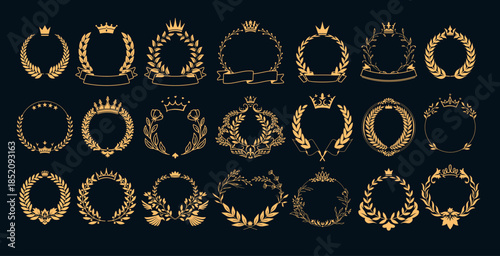 Crown with wreath emblem. Award badge, champion prize icon with and laurel wreath. Gold achievement logo with premium ribbon for winner and trophy with honor and victory. Ceremony label vector set
