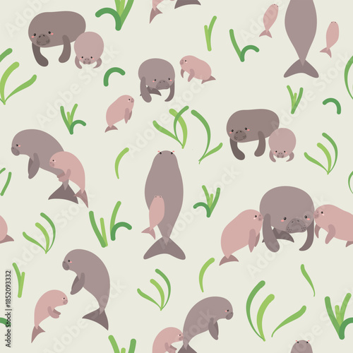Pattern seamless hand drawn Manatee or sea caw family. Nautical underwater endangered mammal species