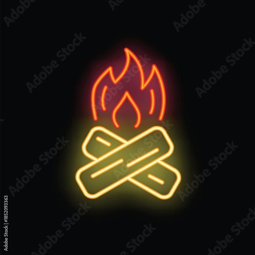 Neon sign representing a bonfire burning with bright yellow and red flames on a black background