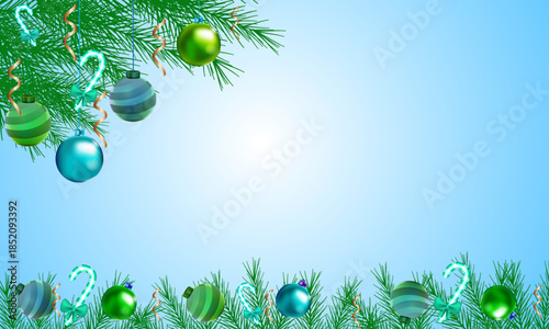 Vibrant holiday background with sparkling fir branches, colorful decorative baubles, and festive candy canes, perfect for seasonal greetings, winter celebrations, and festive event designs