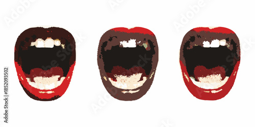 Three open mouths depicted in a graphic illustrative style with dark interiors