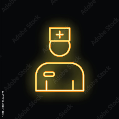 Glowing yellow neon icon of a doctor or nurse wearing scrubs and an identification badge