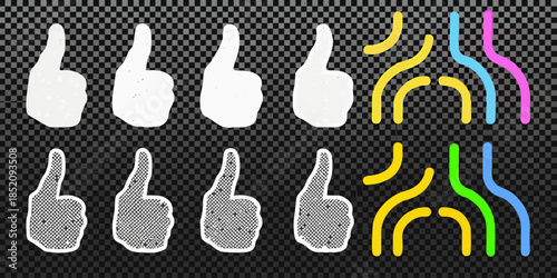 Isolated thumbs up gestures in white and colorful outlines on transparent background