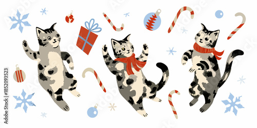 Festive cats playfully celebrate the holiday season with gifts and decorations