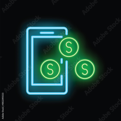 Neon sign representing mobile payment with a smartphone receiving dollar coins, a modern illustration for digital finance