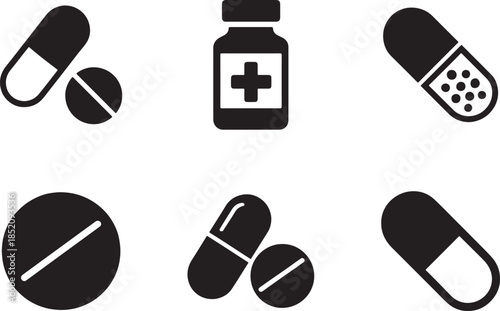 Drugs icon set with medicine, pills, capsules and pharmacy symbols in clean bold vector silhouette style.
