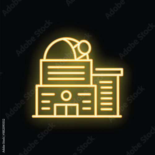 Glowing yellow neon style icon representing an astronomical observatory building with a large telescope dome for space exploration