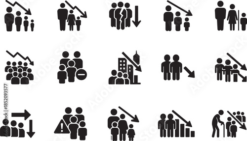 Population decline icon set showing demographic decrease, aging society, migration loss symbols in bold vector style.