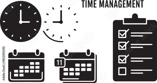 Organized time management icons including clocks calendars and checklist for productivity planning