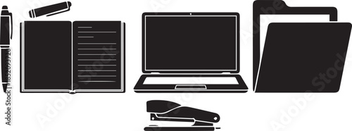 Office supplies silhouette collection featuring laptop notebook folder stapler pen and tape dispenser