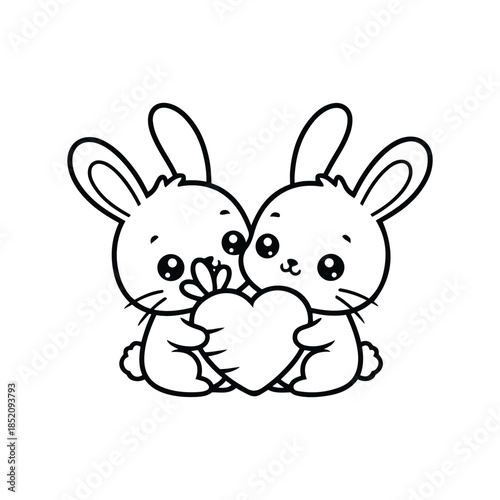 Two sweet rabbits pressing their cheeks together while holding a heart-shaped root vegetable, perfect for Easter or Valentine's designs.