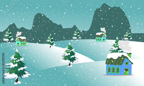 Winter landscape illustration depicting snow-covered houses and trees amidst gentle snowfall, creating a serene and idyllic winter village scene under a blue gradient sky