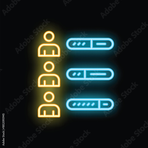 Neon glowing icon of people choosing loading bars showing download progress