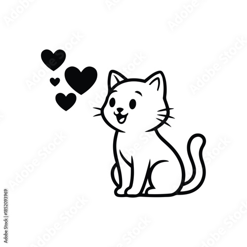 Cute sitting kitten looking up happily at floating heart shapes, representing pet adoption, love, and happiness.