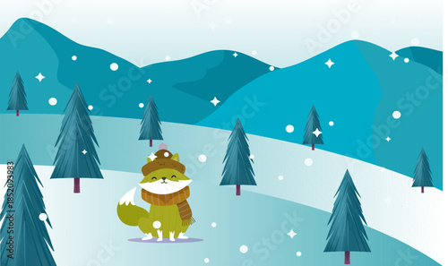 A cute green fox, cozy in winter hat and scarf, stands in snowy mountains. Evergreen trees and falling snowflakes portray a serene winter wonderland