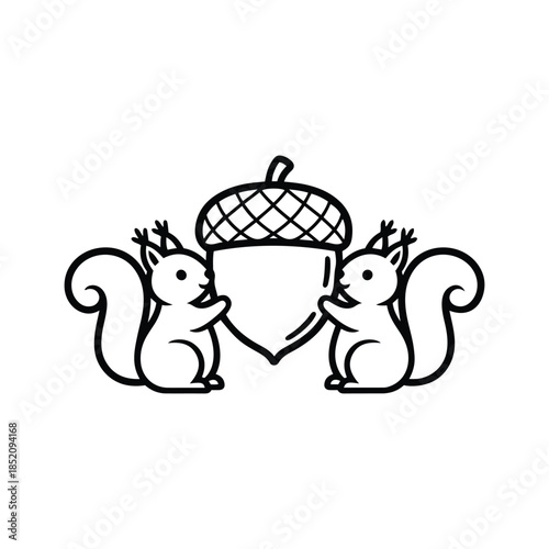 Two cute squirrels holding a giant acorn nut together representing teamwork, harvest, nature, and preparation for winter.