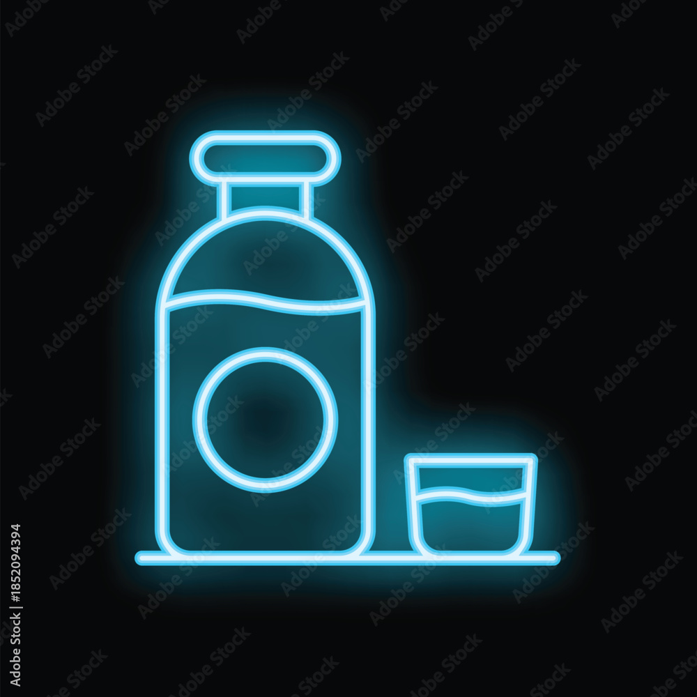 Obraz premium Bright blue neon sign showing a bottle with liquid in it and a glass on a black background