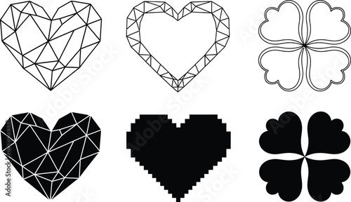 Curated collection of symbolic heart and clover shapes, encompassing geometric, pixelated, and outlined styles, perfect for graphic design projects related to love, luck, and digital aesthetics