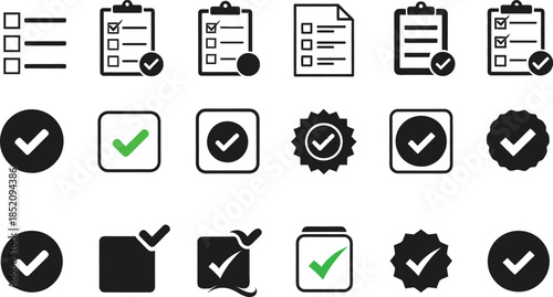 Varied collection of modern checklist and checkmark icons, ideal for symbolizing task completion, successful approval, and efficient validation in user interfaces