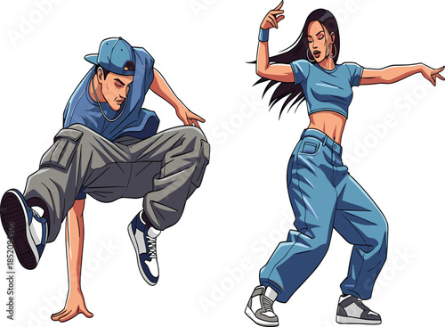 Man and woman breakdancing in street style, hip hop dance performance, urban culture, energetic movement, youth lifestyle, modern choreography, music expression