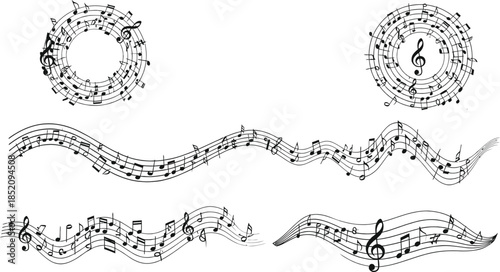 Collection of flowing musical notes and staffs, conveying rhythm and melody, presented in black and white