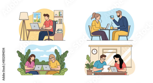 Collection of four scenes showing people working remotely on laptops from various locations like home, a cafe, and a park.