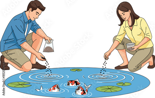 Man and woman feeding koi fish in pond, relaxing outdoor activity, nature care, aquatic animals, leisure lifestyle, peaceful environment illustration
