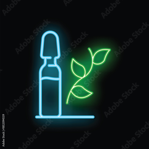 Glowing neon line medical ampoule with branch of leaf icon isolated on black background. Herbal medicine concept. Vector illustration
