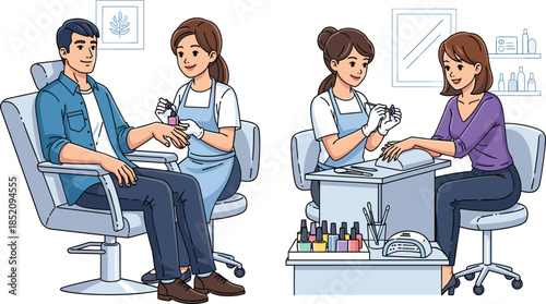 Man and woman getting professional manicure treatment at beauty salon, nail care, spa service, hand grooming, relaxing beauty illustration