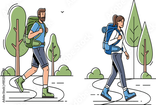 Man and woman hiking in forest trail, outdoor adventure, backpacking trip, nature exploration, trekking activity, active lifestyle, wilderness travel journey