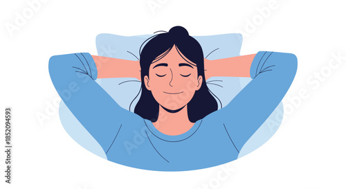 Relaxed young woman resting with her eyes closed and hands behind her head, feeling calm, peaceful, and content in the moment.