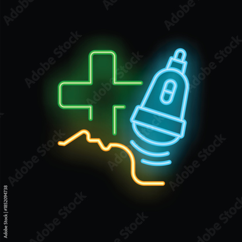 Bright neon icon of a medical ultrasound scanner with a cross and a heartbeat line, glowing on a dark background