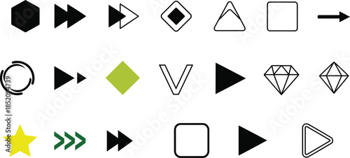 Collection of various geometric shapes and directional arrows, symbolizing progress and movement