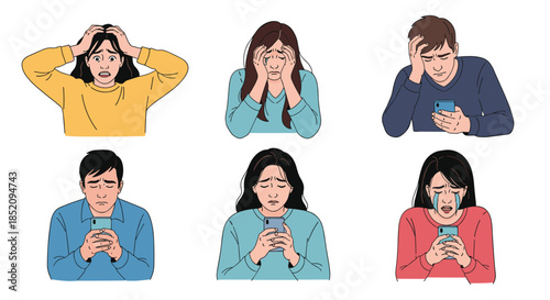 Collection of people experiencing negative emotions like sadness, stress, and shock while looking at their mobile phones.