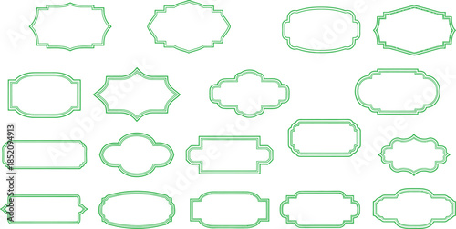 Collection of unique green outline frames and borders in various decorative shapes on a white background