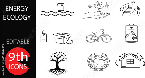 A collection of nine icons related to energy ecology, including symbols for renewable energy, eco-friendly practices, and environmental conservation, presented in a clean and simple line art style.
