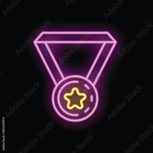 Bright neon medal glowing on a dark background, symbolizing victory, success, and the pursuit of excellence