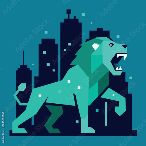 A lion-formed-from-data-particles roaring 