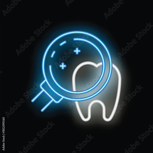 Blue neon icon of a magnifying glass examining a tooth, symbolizing dental care and checkups, isolated on black background