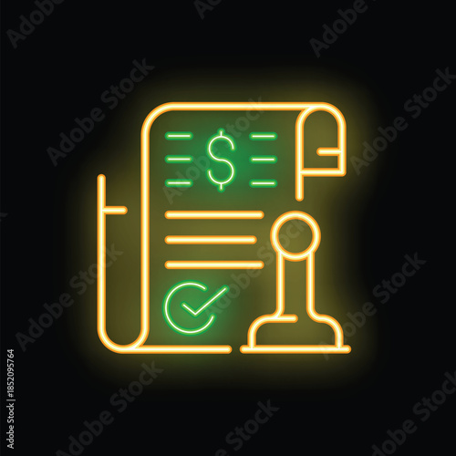 Glowing neon icon of a financial document with a dollar sign being stamped