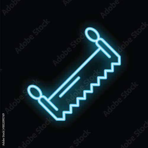Neon blue icon of a hand saw glowing on a black background