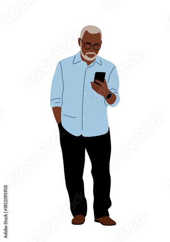 An older Black man with gray hair and beard standing and using a smartphone. Flat vector illustration isolated on transparent background. Modern lifestyle and technology concept.
