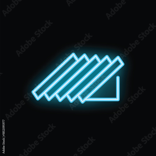 Blue neon sign representing roof tiles glowing against a black background