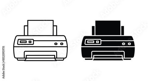 Two printer illustrations one outlined and the other a bold striking silhouette