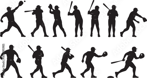 Baseball player silhouettes throwing and batting